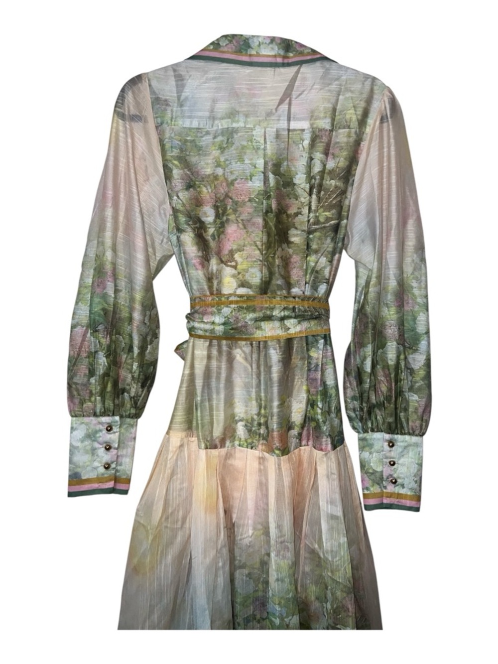 L’ATISTE Floral Sheer Maxi Dress Belted Bishop Sleeves Gold Buttons Size M NWT - Picture 4 of 13